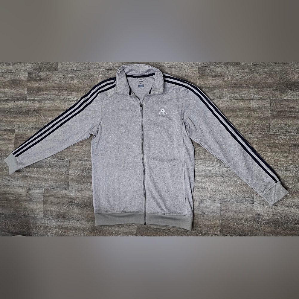 Adidas Gray Track Jacket with Navy Blue Stripes